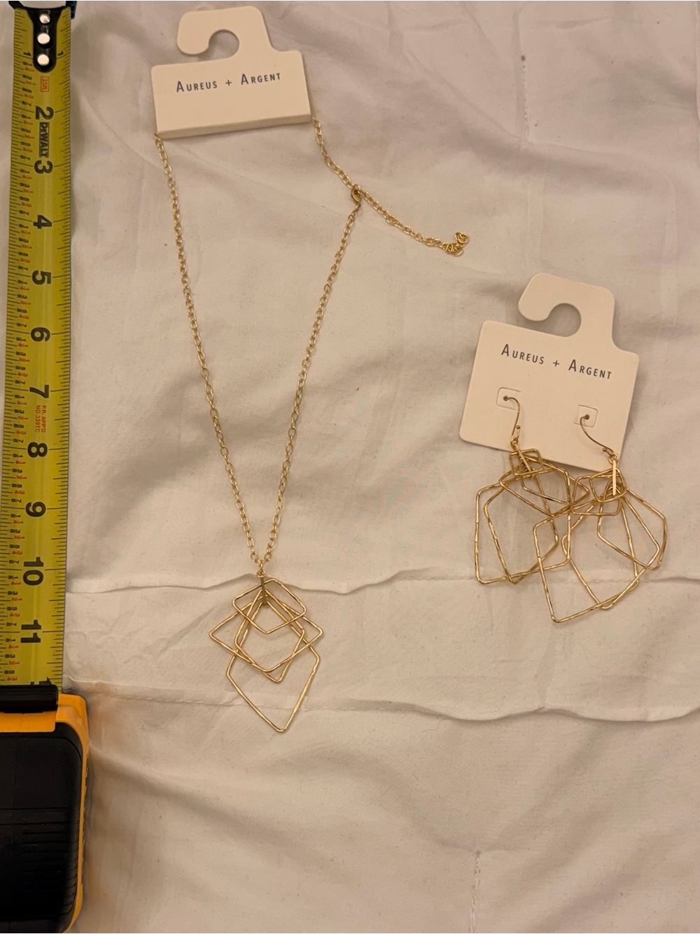 Gold Geometric Layered Pendant Necklace with Matching Earrings
